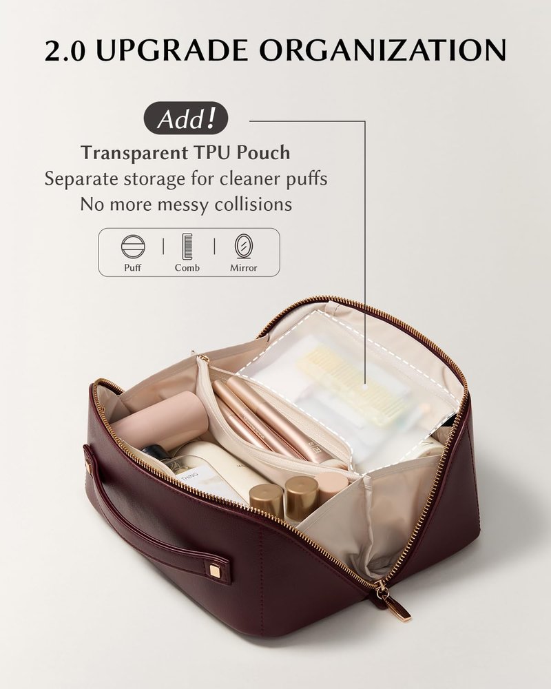 EACHY Travel Makeup Bag, 2.0 Cosmetic Bag for Women, Waterproof PU Leather,Flat Open Portable Toiletry Bag for Skincare, Brushes & Travel Essentials
