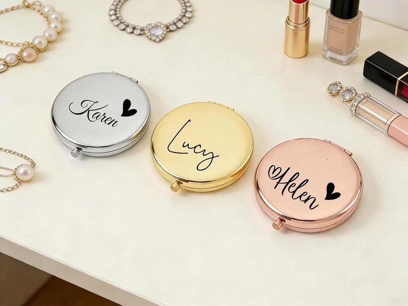 Personalized Compact Travel Mirror with Name and Heart, 2x/1x Magnifying Portable Mirror, Small Cosmetic Makeup Mirror Gift for Bridesmaid, Maid of Honor, Mom