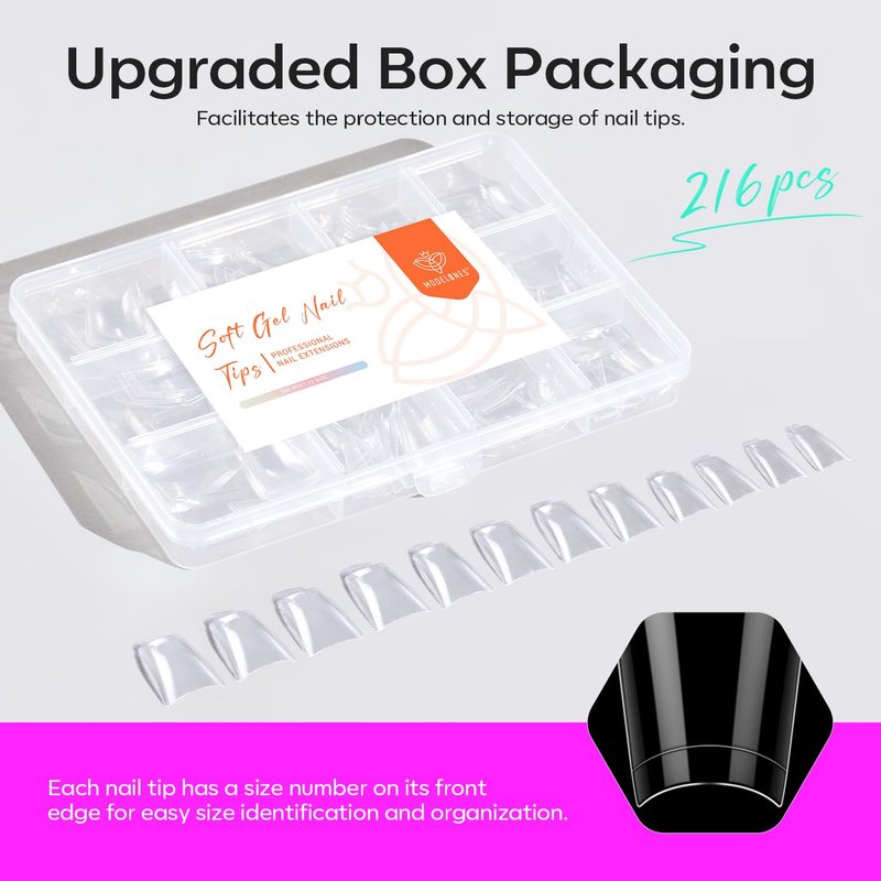 Modelones Duck Nail Tips - Short Flare Pre-Shaped Gel Tips for Acrylic Nails | 216PCS, 12 Sizes