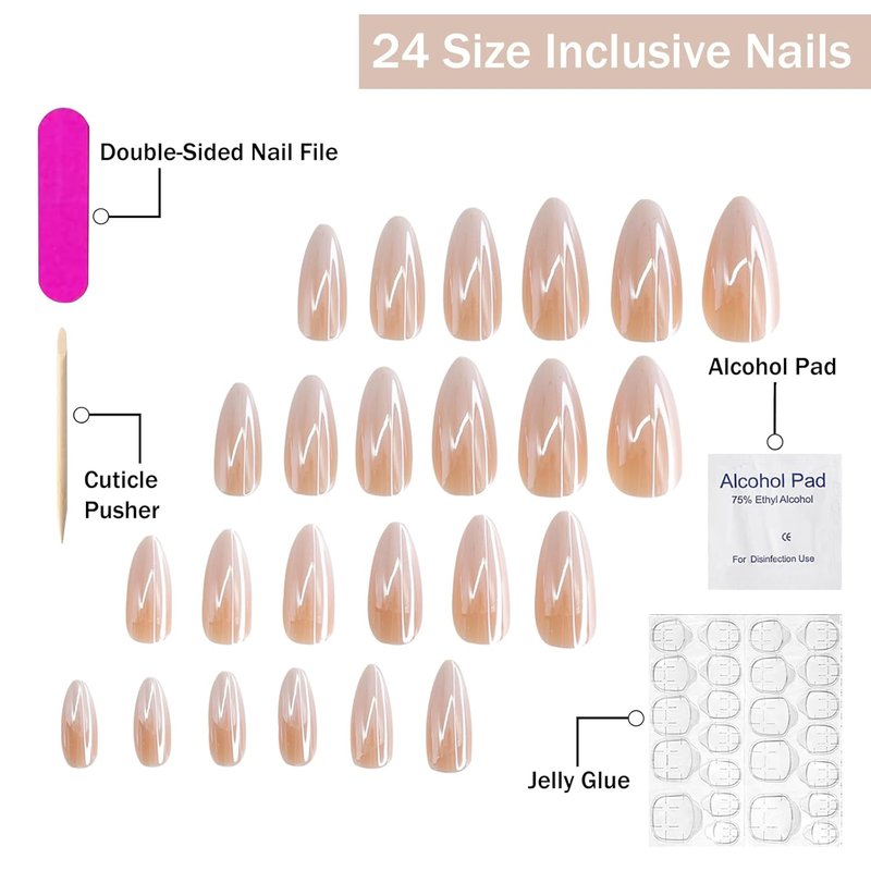 Almond Medium Press on Nails Pink Gradient Chrome Glossy False Nails Design Acrylic Nails Bling Reusable Press on Nails Chrome Fake Nails Fully Cover Stick on Nails for Women and Girls Nail Supplies