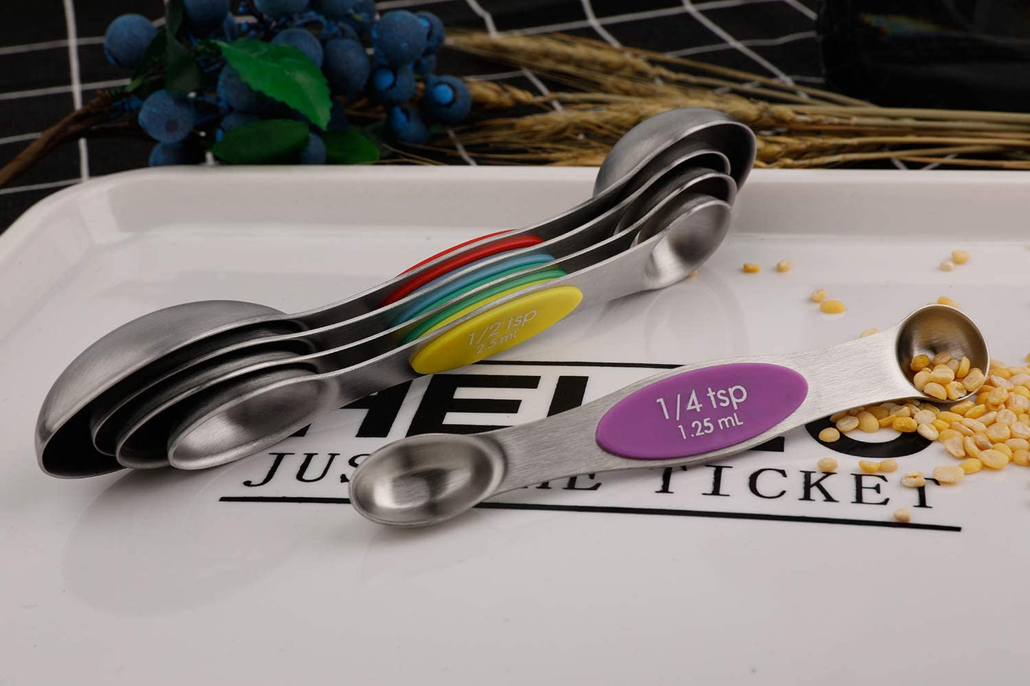 Magnetic Measuring Spoons Set of 5 Stainless Steel Dual Sided Stackable Teaspoon for Measuring Dry and Liquid Ingredients (Color)