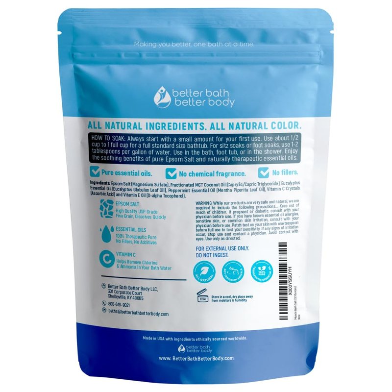 Muscle Soak Bath Salt 128 Ounces Epsom Salt with Natural Peppermint and Eucalyptus Essential Oils Plus Vitamin C in BPA Free Pouch with Easy Press-Lock Seal
