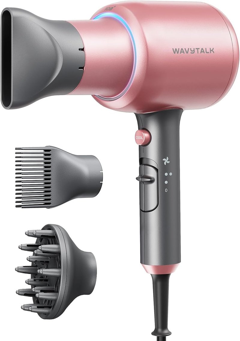 Ionic Hair Dryer for Curly Hair - 1875W Fast Drying Blow Dryer with Diffuser & 3 Attachments | Rose Gold