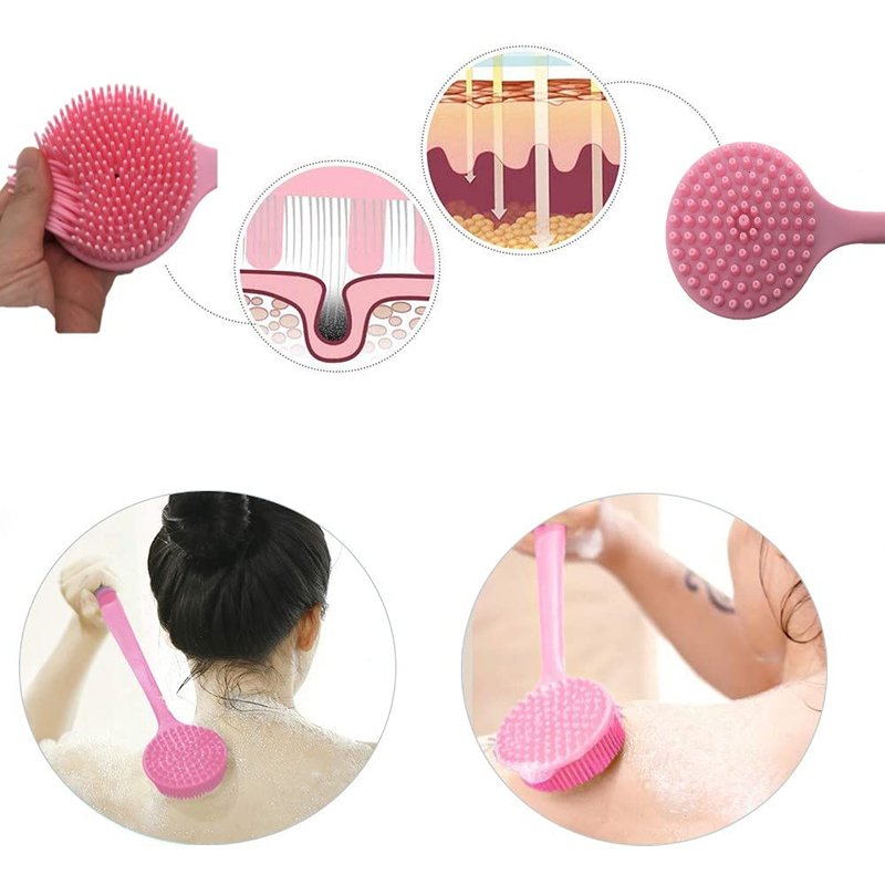 Long Handle Silicone Body Scrubber for Shower, Dual-Sided Back Scrubber Brush with Soft Bristles&Massage Nodes, Exfoliating Bath Brush for Hard to Reach Areas, Easy to Clean & Quick Dry, for Daily Use