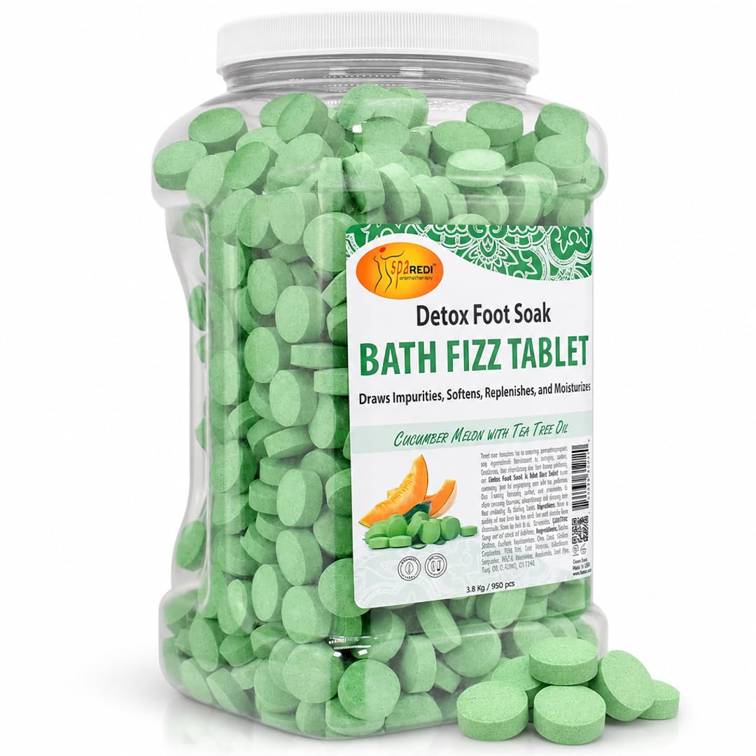 SPA REDI - Detox Foot Soak Fizz Tablets for Pedicure, Cucumber and Melon, 950 Count - Foot Bath with Tea Tree Oil, Aromatherapeutic, Draws Impurities, Softens, Replenishes and Moisturizes