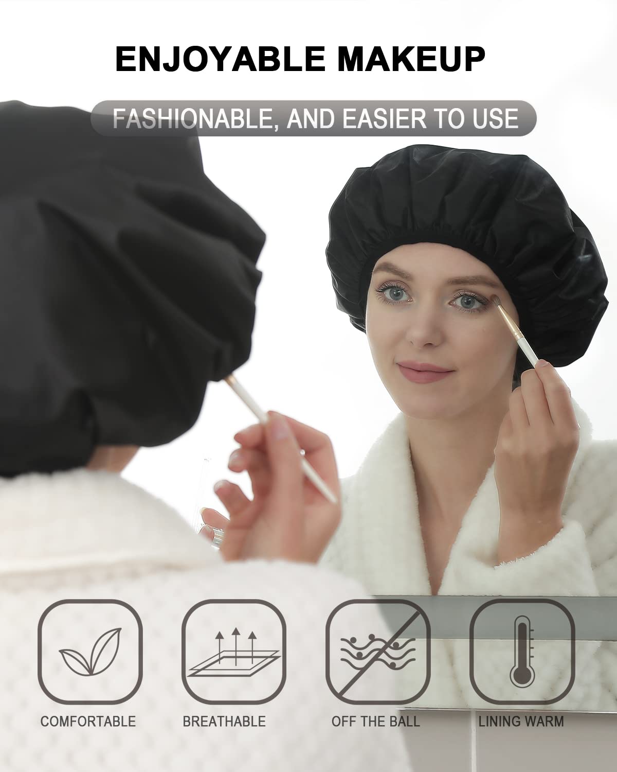 YIZIJIZI Terry Lined Shower Cap, Triple Layer Large Cap for Women, Reusable Waterproof for Long Thick Hair, Black