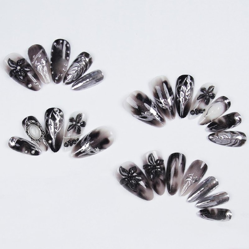 24Pcs Goth Press on Nails Medium Almond Fake Nails Silver Chrome Baroque Gothic Design Dark Black Full Cover Glue on Nails Y2k False Nails Reusable Black flower Press Ons Stick on Nails for Women
