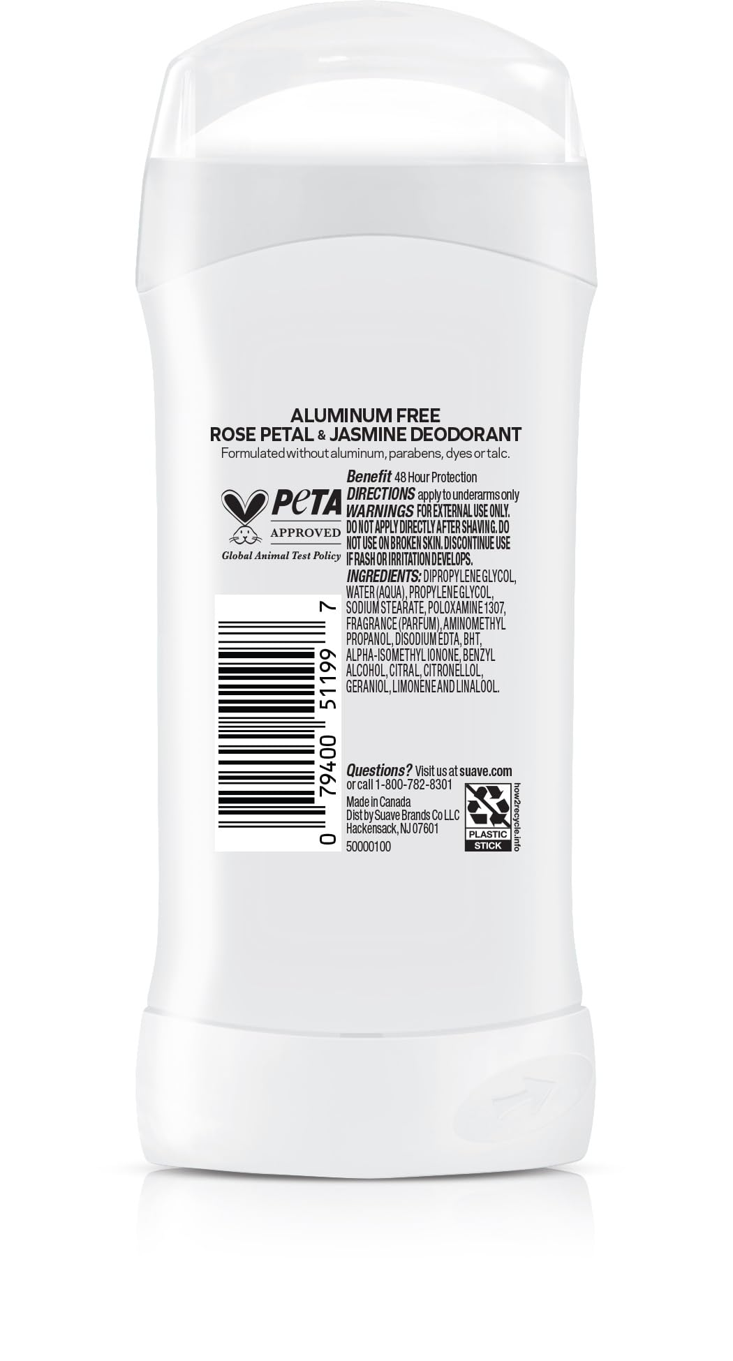 Suave Aluminum Free Deodorant for Women, Rose Petal and Jasmine, 48-Hour Odor Protection, Free of Talc, Parabens & Dyes 2.6 oz (Pack of 12)