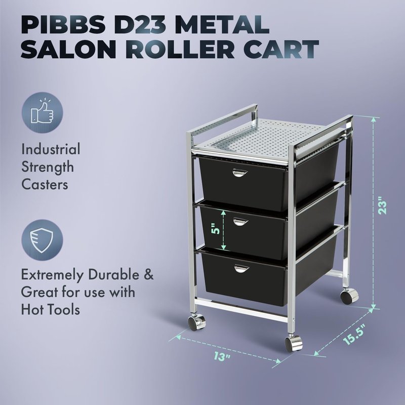 Pibbs D23 Metal Salon Roller Cart - Heavy-Duty Utility Pedicure Cart with 3 XL Removable Drawers | European Design