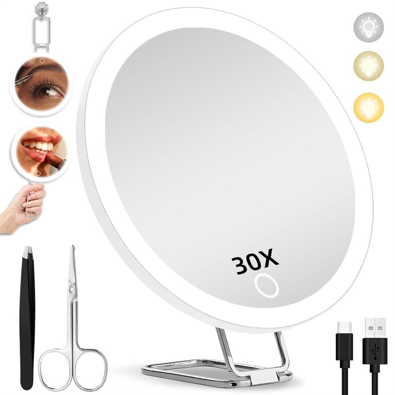 Skiennix 30X Magnifying Mirror - Lighted 6-Inch Makeup Mirror with 3 Suction Cups & 360° Adjustable Stand | Includes Tweezers & Scissors