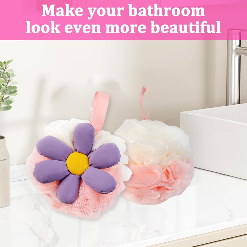 2PCS Cute Flower Bath Sponges Loofah Mesh Pouf Body Scrubber Exfoliating Shower Sponge for Women Shower Puff Soft Loofah Sponge Ball Bath Sponge for Sensitive Skin in Beauty Bathing Accessories