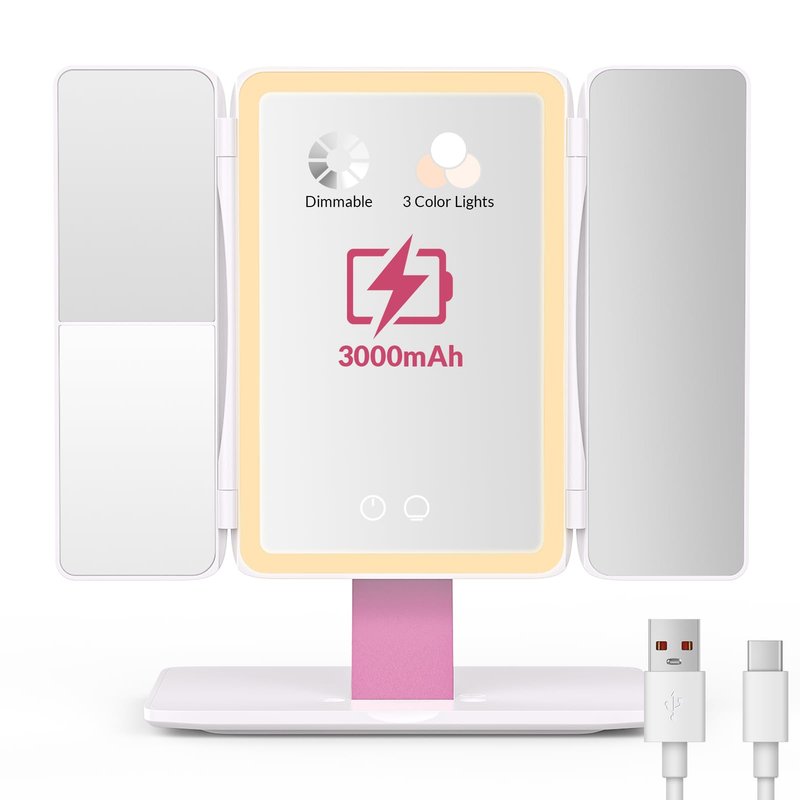 EASEHOLD Foldable Tri-Fold Lighted Makeup Vanity Mirror with 60 LED Lights, 1X/2X/3X Magnification, Touch Control Dimming, 3000mah Rechargeable, 360° Rotation, Portable Travel Folding Compact Mirror