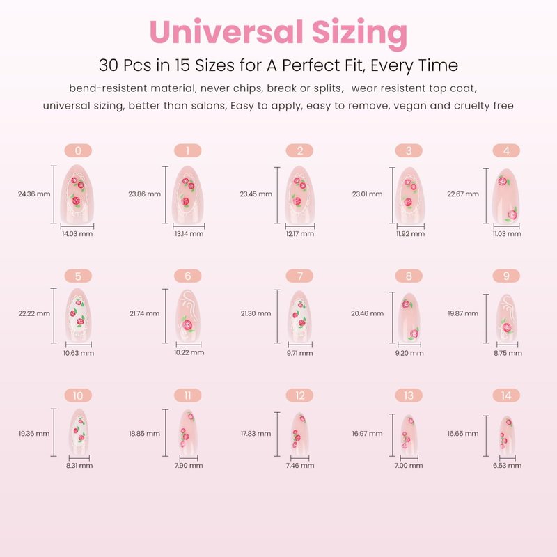 Nail Reformation Press On Nails, Pink Roses Medium Almond Fake Nails with Lace & Pearl on Nude Base in Glossy Finish, Reusable Stick On Nails in 15 Sizes - 30 Nail Kit, Manicure Gifts for Women