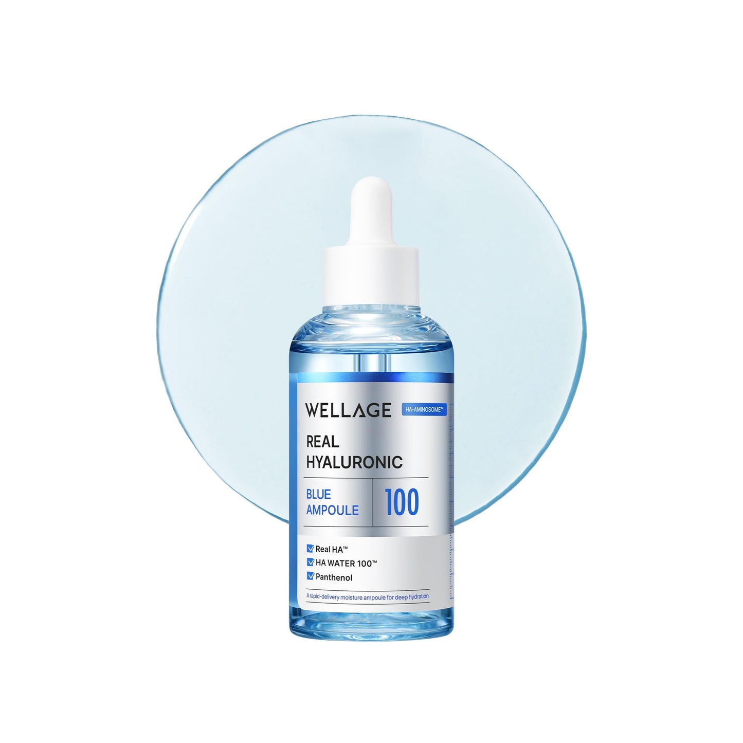 WELLAGE Real Hyaluronic Blue Ampoule 100, Korean Serum, Fragrance Free Hyaluronic Acid Ampoule with Panthenol, Wild yam, Centella for Sensitive Dry Skin Moisturizer 2.54 fl.oz