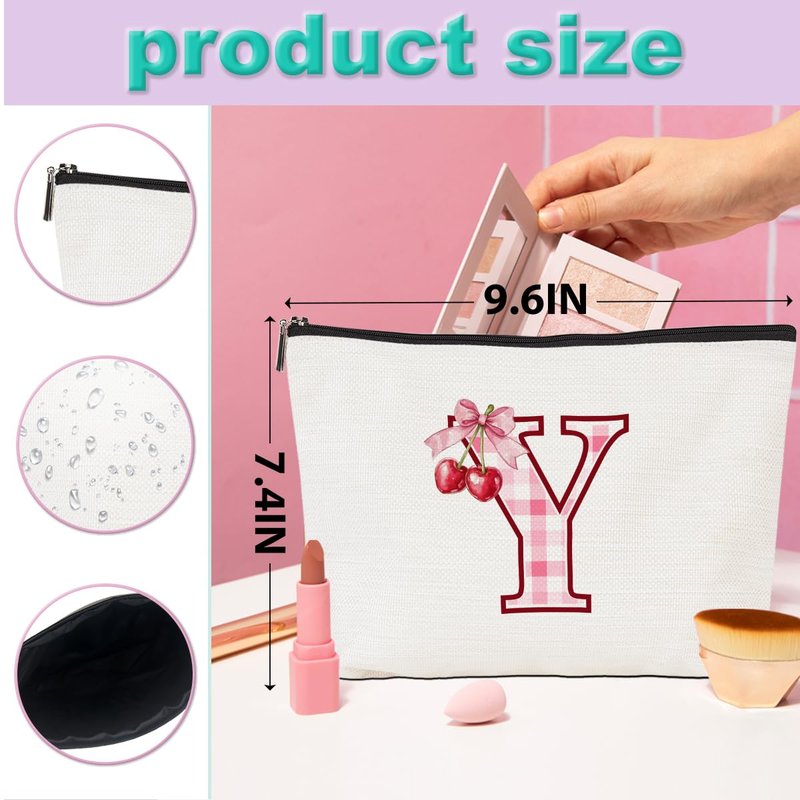 CQM Initial Makeup Bag Monogram Cosmetic Bag Monogrammed Gifts for Women Girls Friends Coworker Teacher Personalized Travel Toiletry Bag Christmas Bridal Shower Wedding Bridesmaid Gifts, Cherry Y