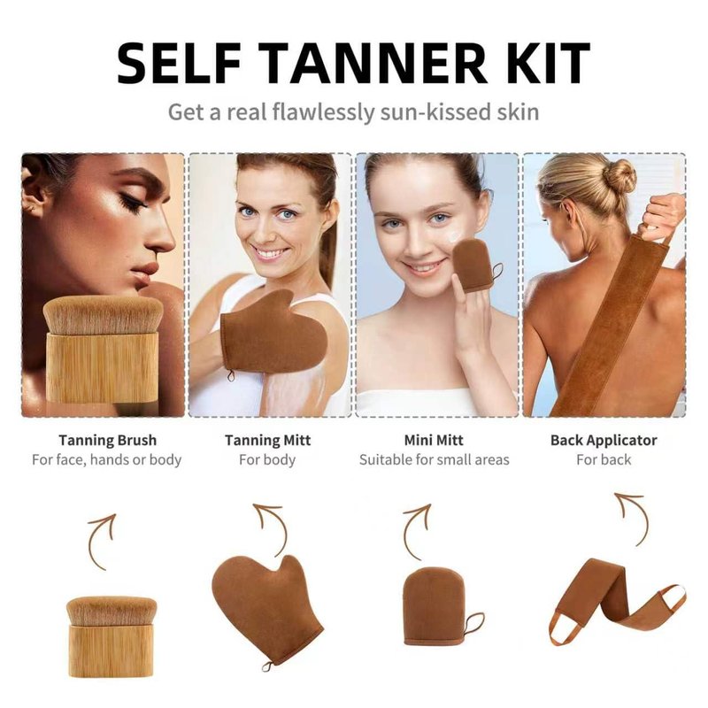FUNAN Self Tanning Applicator Kit with Tanning Glove for Self Tan Mitt, Back Lotion Applicator, Mini Mitt and Ultra Soft Self Tanner Brush Bamboo Kabuki Brush, Brown