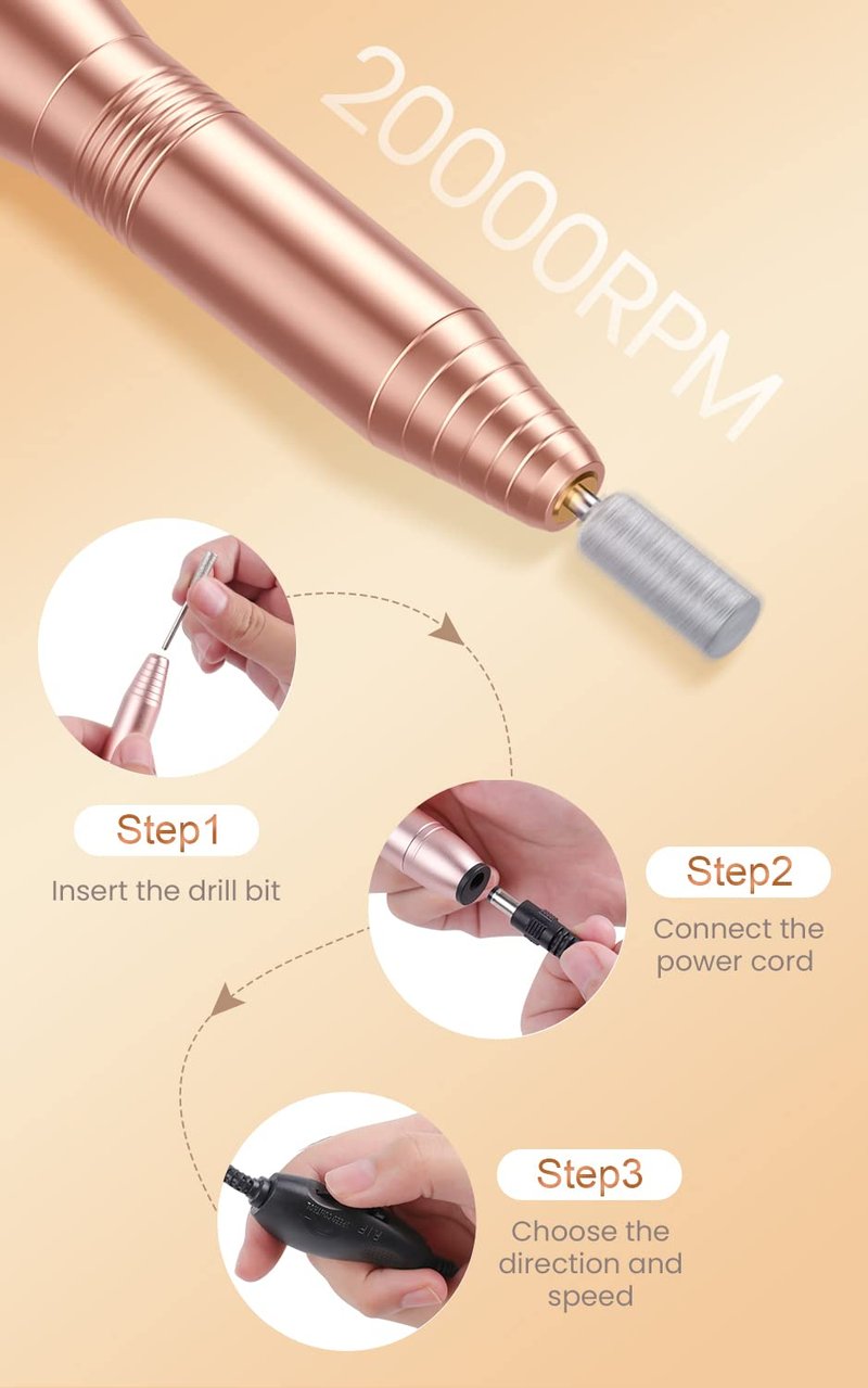 Professional Acrylic Nail Drill, USB Electric Nail Drill Machine, Portable Electrical Nail File Kit for Gel Nails and Home Salon, Manicure Pedicure Polishing Shape Tools, Gold