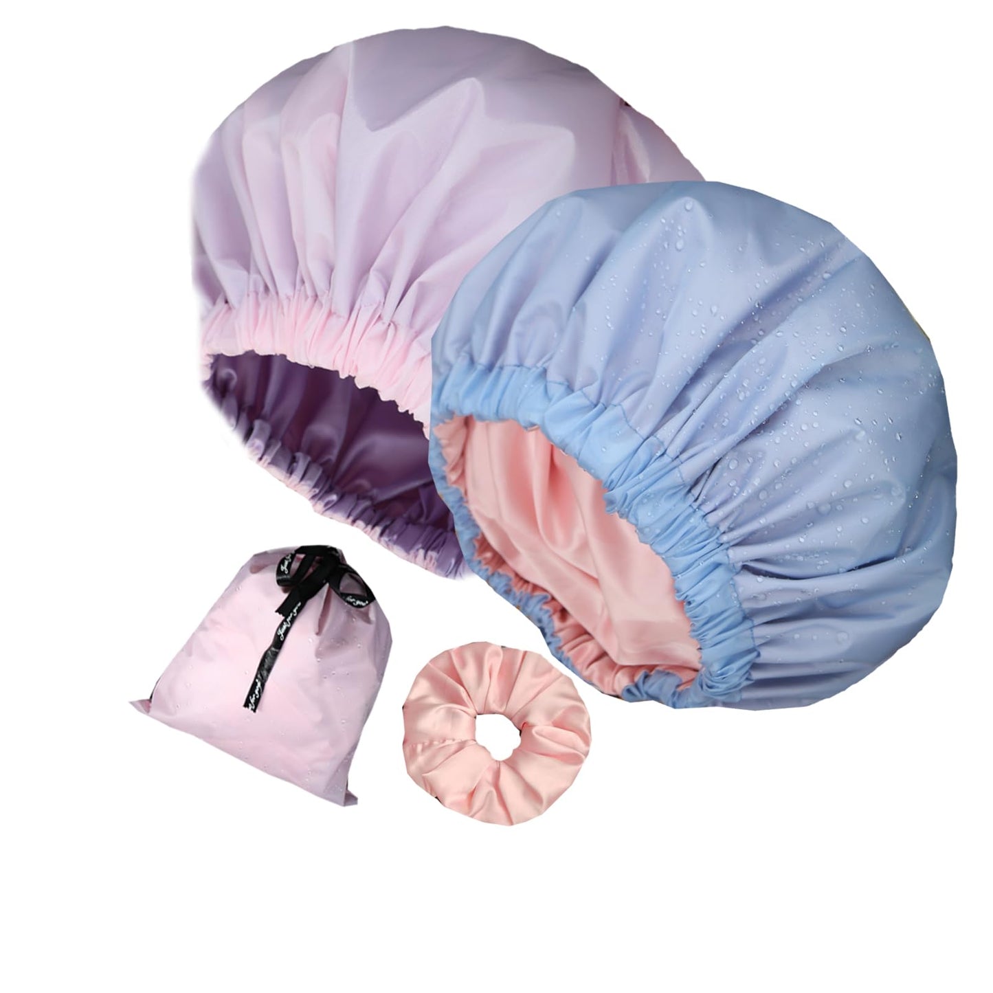 Genergy 2pcs Shower Cap for Women,Including Travel bag and Satin Scrunchy. Frizz-Free Silky Liner, Waterproof Reusable Large Bath Cap for Short and Long Thick Hair, Soft Adjustable Elastic, Non-slip.