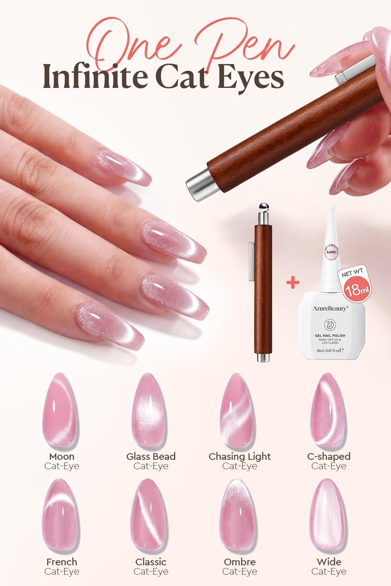 AzureBeauty 4-in-1 Cat Eye Magnet for Nails，Wooden 3-Head Nail Magnet Pens with Round Ball, Multi-Function Nail Magnets for Cat Eye Gel Polish DIY at Home Salon (Magnet Only, No Gel Included)