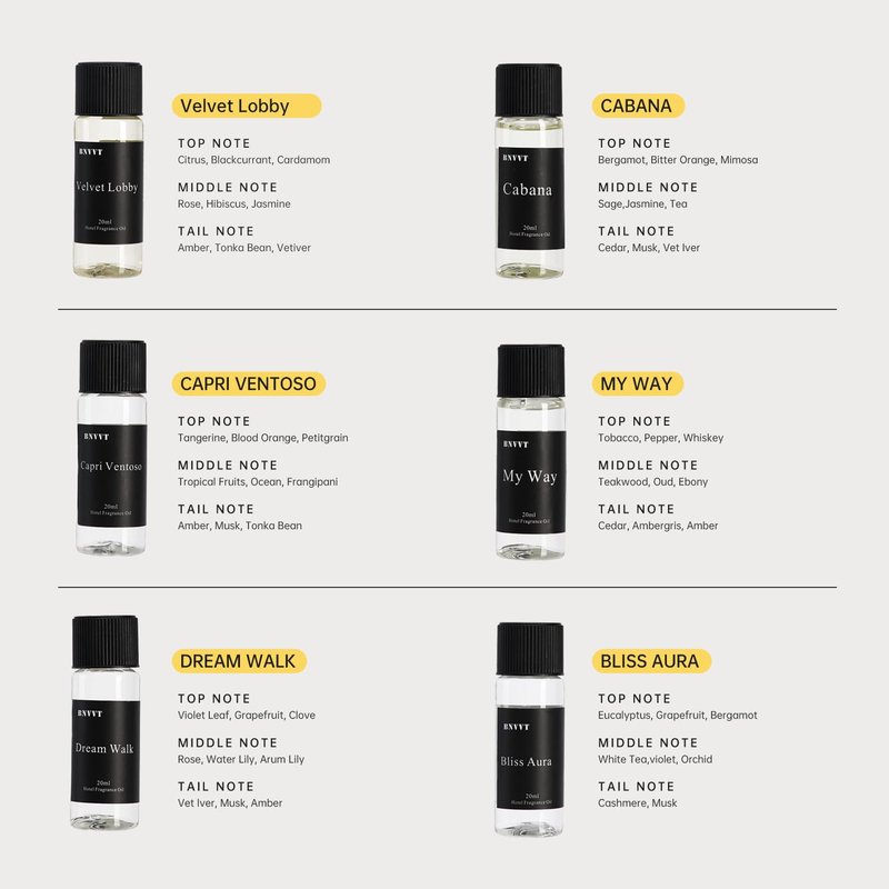 BNVVT Hotel Diffuser Oil Fragrance Oil Set (6 x 20ml) – Luxury Aroma Oils for Diffuser, Inspired by Iconic 5-Star Hotels – Premium Scented Oil Gift Set for Home & Office