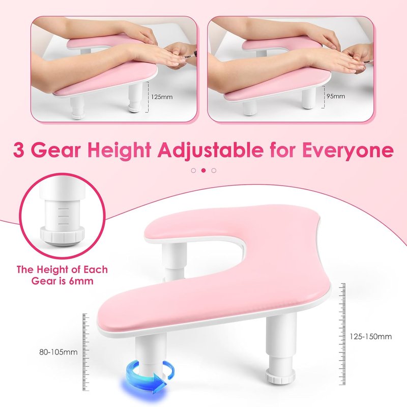 Manicure Arm Rest for Nails Tech: U-shaped Adjustable Nail Armrest - Pink PU Leather Hand Stand Rest for Manicurists