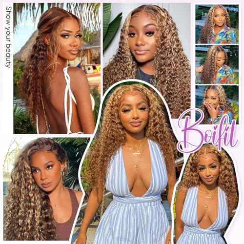 Honey Blonde Glueless Wigs Human Hair Pre Plucked Pre Cut Ombre Deep Wave Lace Front Wigs Human Hair 250% Density Upgrade 13x6 Frontal HD Lace Highlight P4/27 Curly Glueless Wig 22 Inch