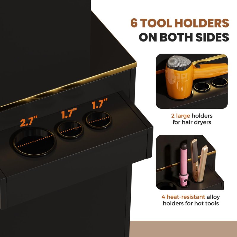 Oakvera Salon Stations for Hair Stylist, Tall Hair Salon Station with 6 Tools Holders, a Drawer, 2 Open Shelves & 3 Large Storage Cabinets for Salon, Spa & Beauty, Black