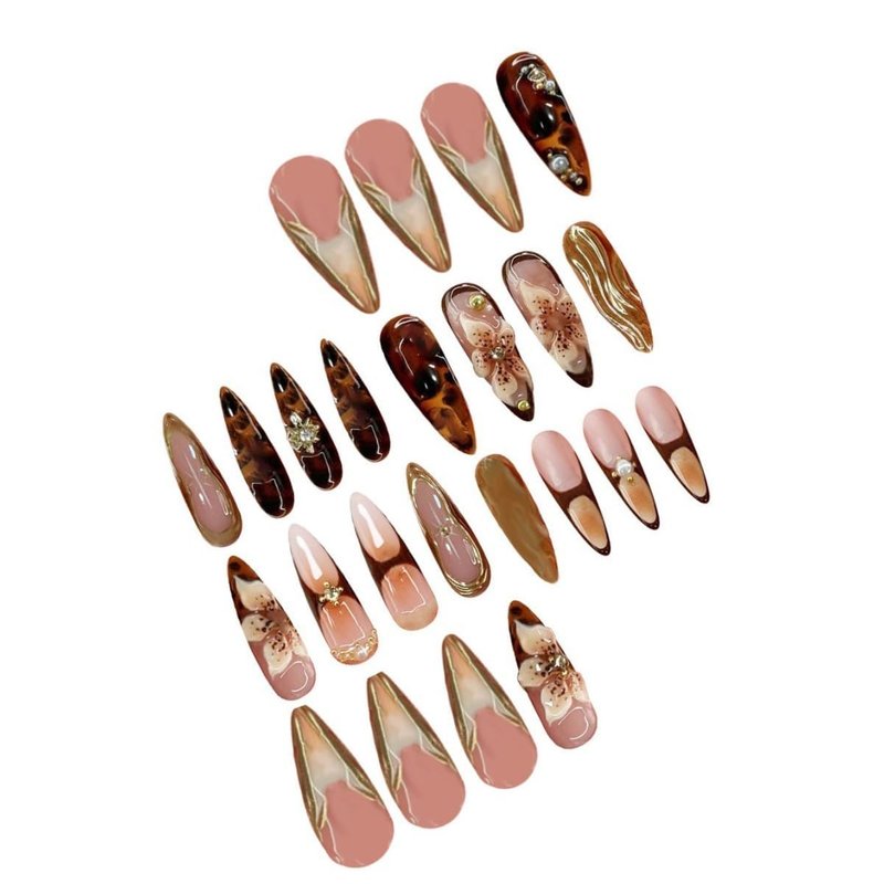 Almond Press-On Nails | Brown Floral Artificial Nails with Gold Charm | 24 Pcs Summer Design