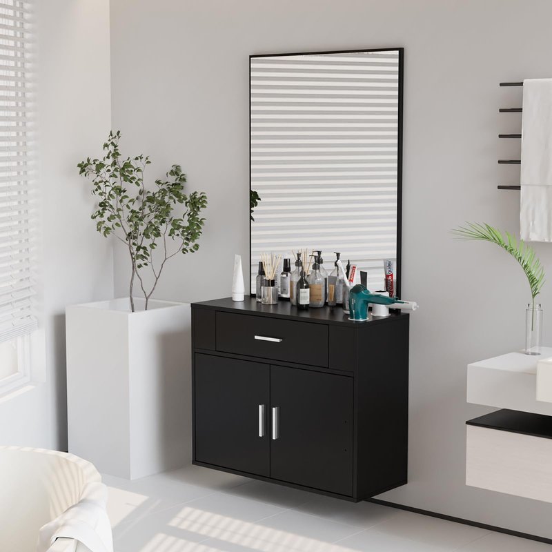 OmySalon Wall Mount Salon Station with Mirror, Hair Styling Barber Station, Beauty Salon Spa Equipment with 1 Drawer, 1 Storage Cabinet, 2 Hair Dryer Holders, Black