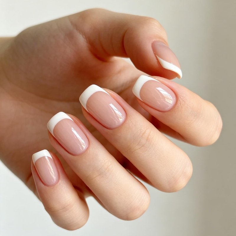 Modelones French Tips Press on Nails, Summer Pink White Short Square Fake Nails, Reusable Nail Kit with Nail Glue Adhesive Tabs Mini Nail File, Nails Press Ons 32Pcs 16 Sizes, Women Girl Gift