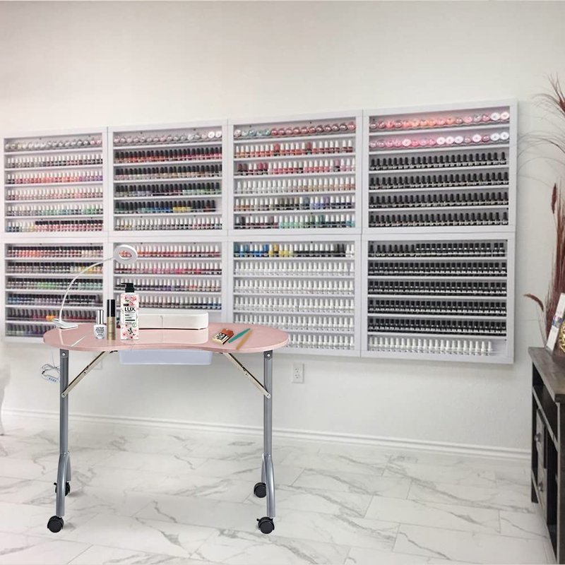CHAOEEMY Portable Manicure Table，Folding Nail Desk for Teach with Large PP Plastic Drawer、LED-Light、Wrist Rest、Carry Bag for Home Manicure、spa Salon、professtional Nail Painting、Tattoo,Pink