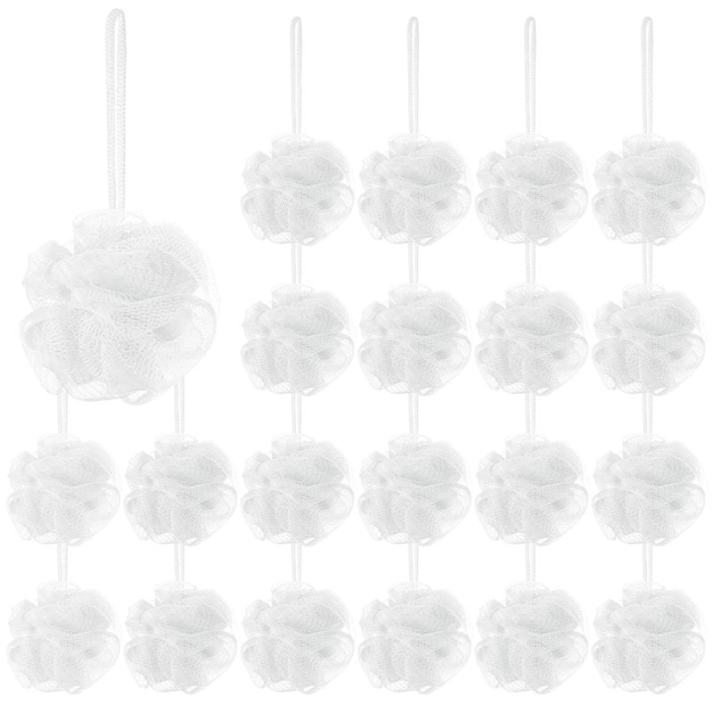 Shellwei 24 Pcs 3 Inch Mini Loofah Travel Size Bulk Shower Sponge Pouf Mesh for Women Kids Men Exfoliating Body Scrubber Baby Shower Favor(White)
