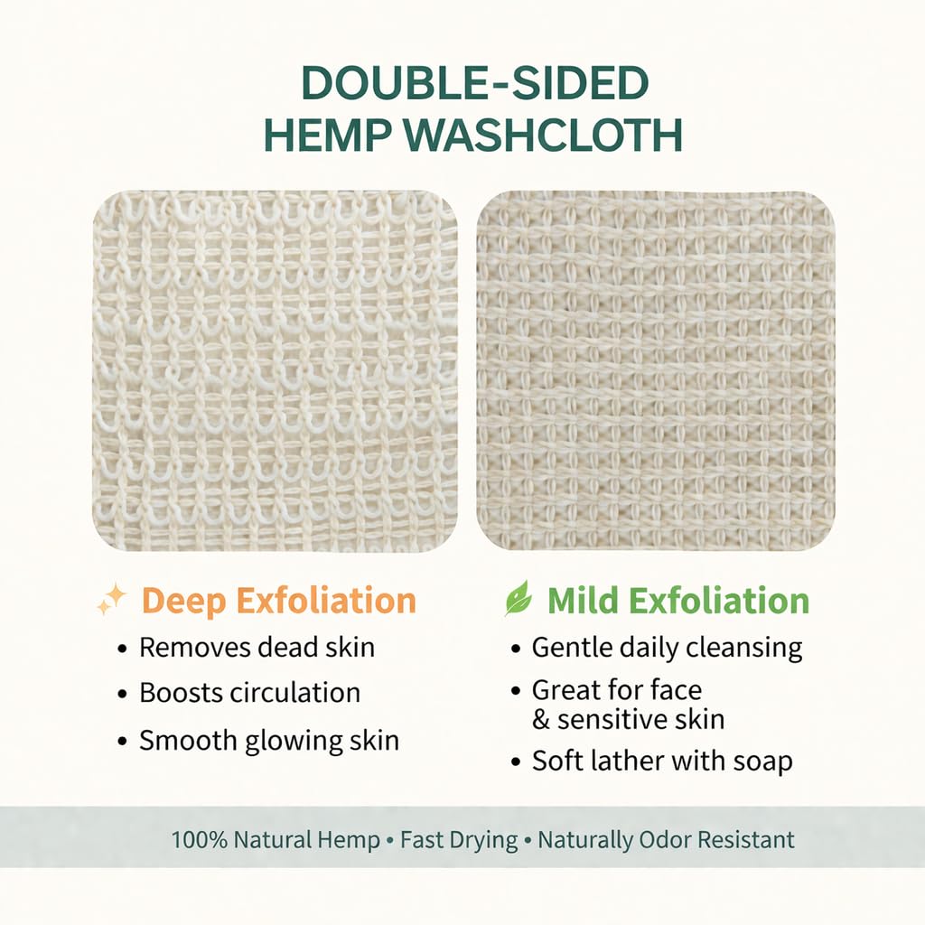 URBLUX Hemp Exfoliating Washcloths (3 Pack), Dual-Sided Body & Face Scrub Cloth, Natural Bath Cloth, Loofah Alternative, Fast Drying, 12x12 Inch