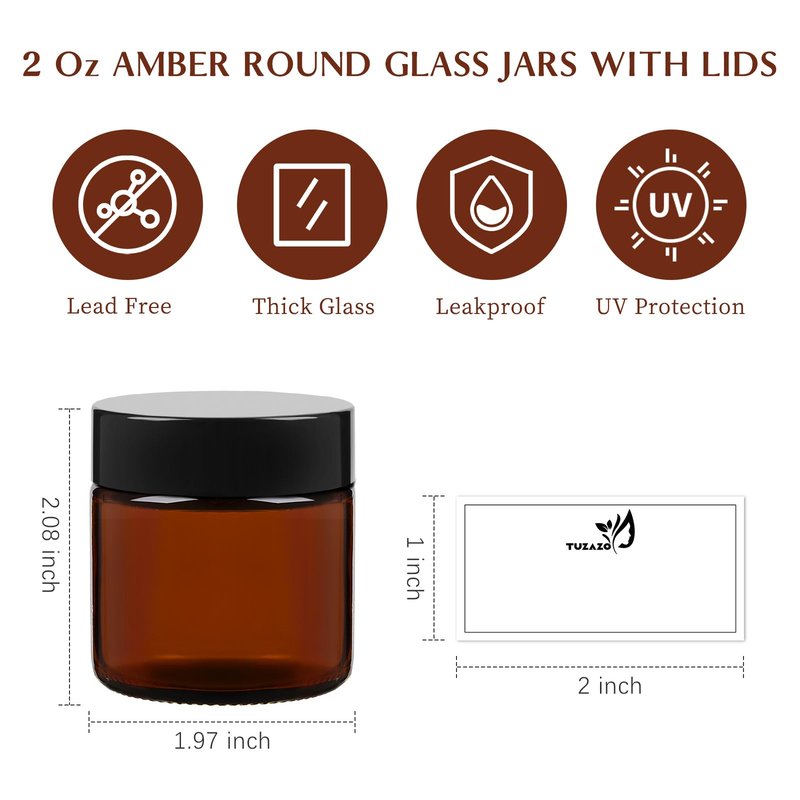 2 Oz Glass Jars with Lids, 12 Pack Thick Amber Glass Jar with Inner Lid and Black Lid, Leakproof Round Airtight Empty Cosmetic Containers for Lotion Cream and Candle Making