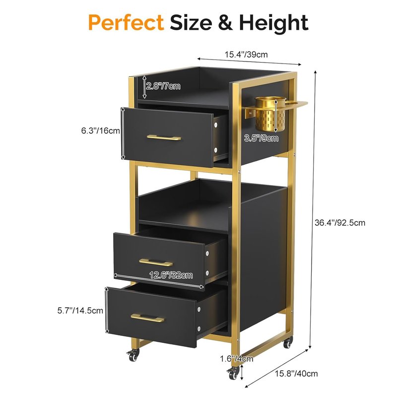 OmySalon Salon Trolley Cart - Mobile Hair Styling Station with 3 Drawers & Tool Holders | Black