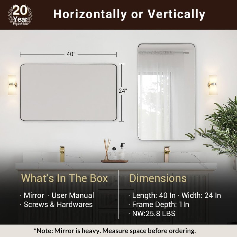 Brushed Nickel Bathroom Mirror - 24”x40” Modern Rounded Corner Design | Stylish Metal Frame