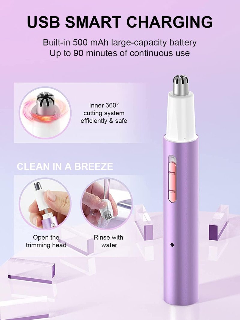 Ginity Ear and Nose Hair Trimmer for Women & Men, 2-in-1 Rechargeable Painless Facial & Eyebrow Hair Remover Tool, Electric Clipper with Dual-Edge Blades, Easy to Clean(Pink)