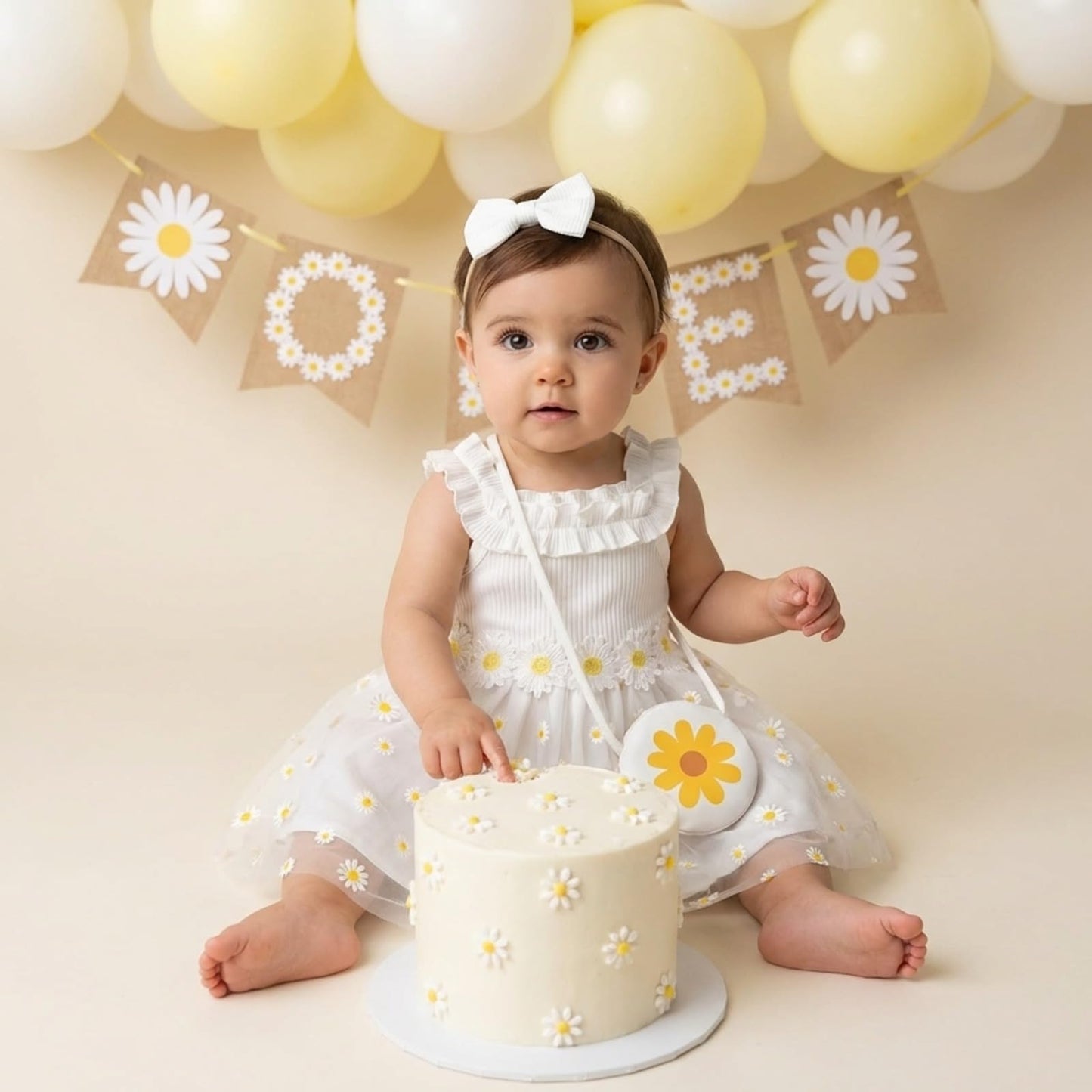 Toddler Girl Daisy Dress Set 3Pcs Ribbed Knit Tulle Sundress with Bag & Headband Cute Summer Floral Outfit for First Birthday Party White 6-9Months