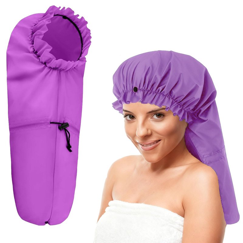 ELEBOX Extra Large Shower Cap for Braids/Curly Hair/Dreadlock | Reusable Waterproof Long Bonnets for Women Shower/Cooking/Cleaning/Spa | XL Bathing Cap with Adjustable Drawstring & Button, Purple