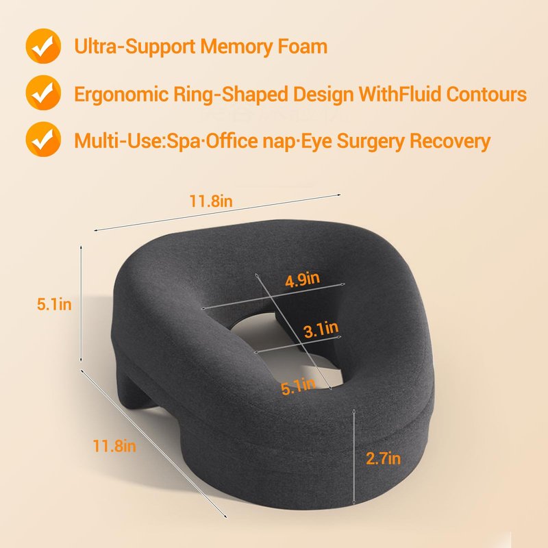 Face Down Pillow Massage Headrest for Bed, massage pillow on massage table, Piercing Pillows, Sleeping Pillow, Face Cradle After Eye Surgery, memory Removable Cover with Breathable Design, Light Grey