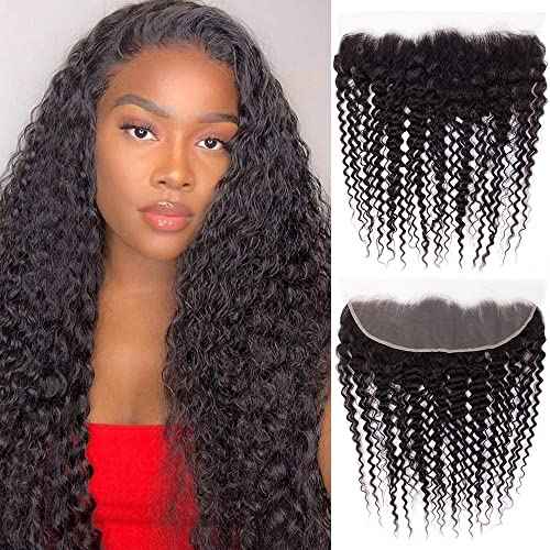 13x4 Lace Frontal Closure Deep Wave Regular HD Lace, 200% Density, 100% Brazilian Virgin Human Hair Ear to Ear HD Lace Frontal Pre Plucked with Baby Hair Natural Black Color 18 Inch