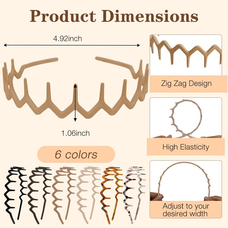 ELLOPH 6 Pack Zig Zag Headbands for Women, Non Slip Headband with Teeth, Plastic Hair Bands for Daily Work Makeup Sports 90s Retro Style Hair Accessories for Women Girls