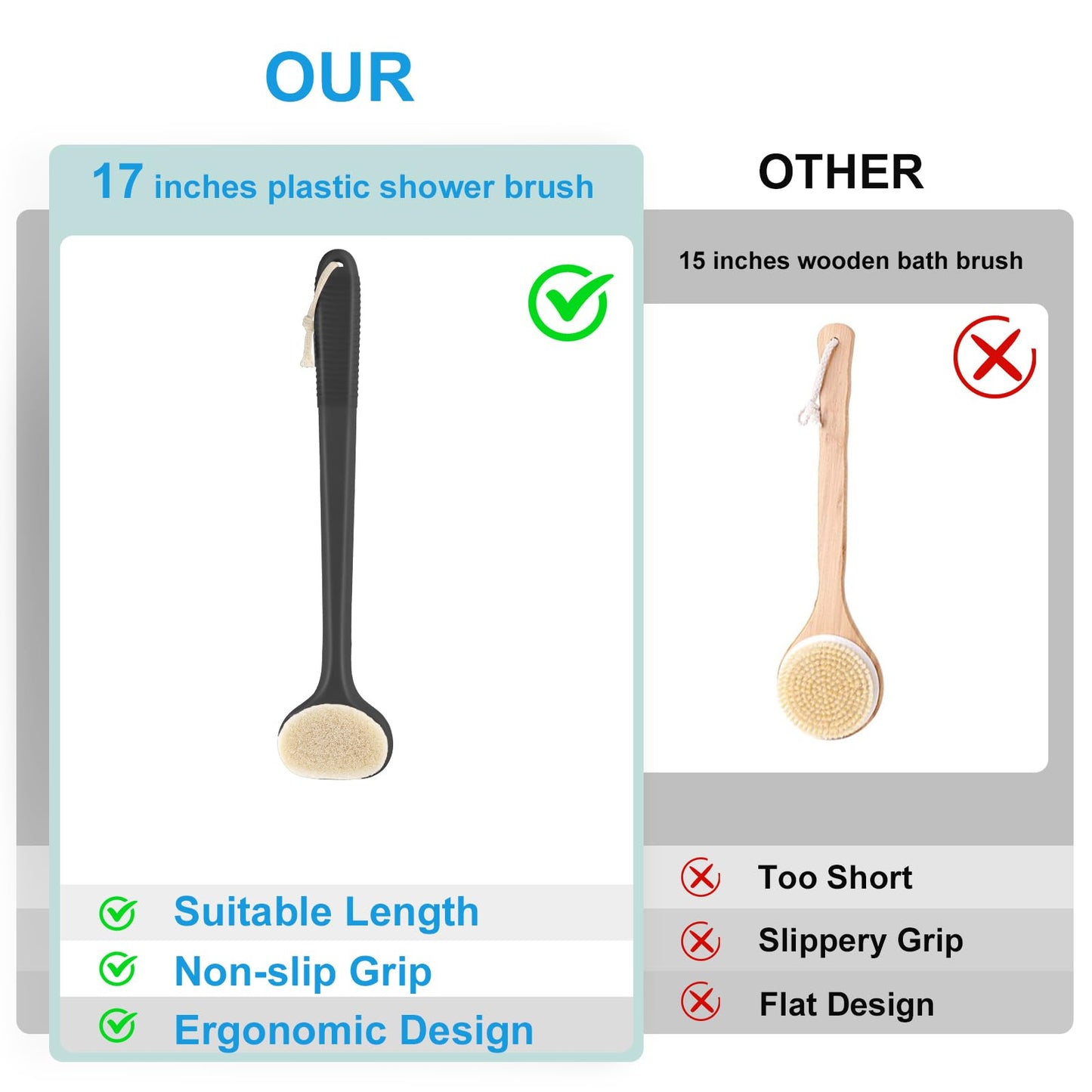 VANZAVANZU Back Scrubber for Shower, Bath Brush with 17-Inch Long Anti-Slip Handle, Wet and Dry Brushing Body Brush for Body Cleansing, Back Brush for Men and Women (Blue)
