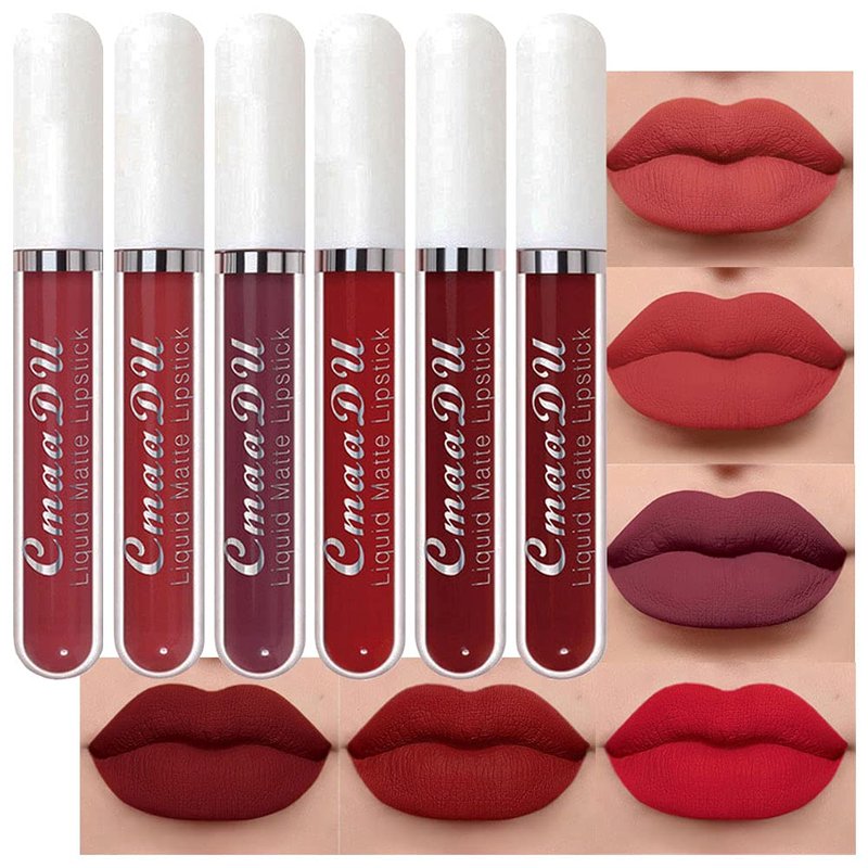 Matte Liquid Lipstick Set - 6 Pcs Long-Lasting Lip Gloss for Women | Dark Ruby, Brick Red, Mauve Shades