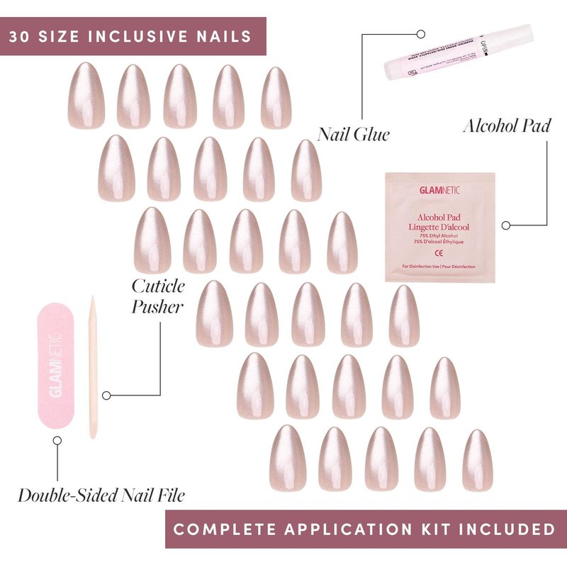 Glamnetic Press On Nails - The Vow | Short Almond Nude Fake Nails with Glossy Velvet Finish | 30 Nail Kit with Glue, 15 Sizes