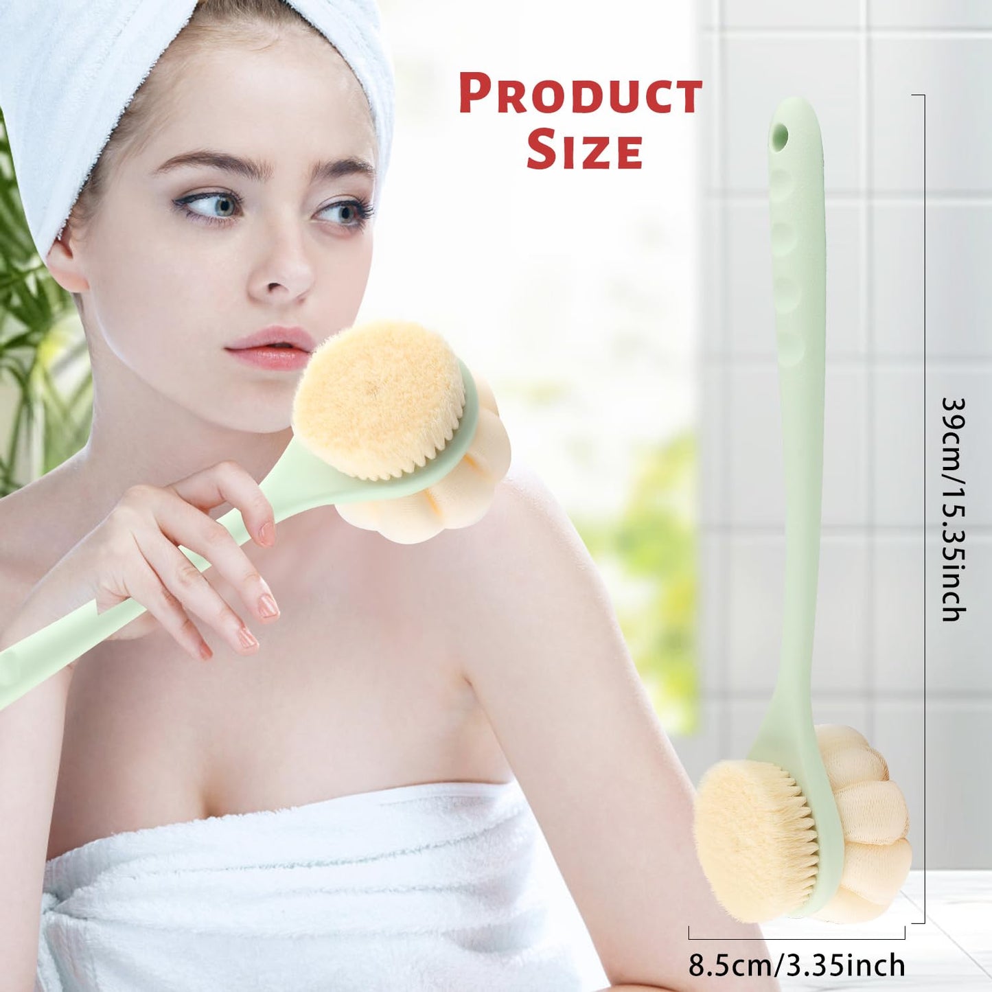 2 Pcs Double Sided Bath Brush Long Handled Shower Brush Massage Body Cleaning Mesh Sponge with Soft Bristles and Loofah for Skin Exfoliating Bath - Green