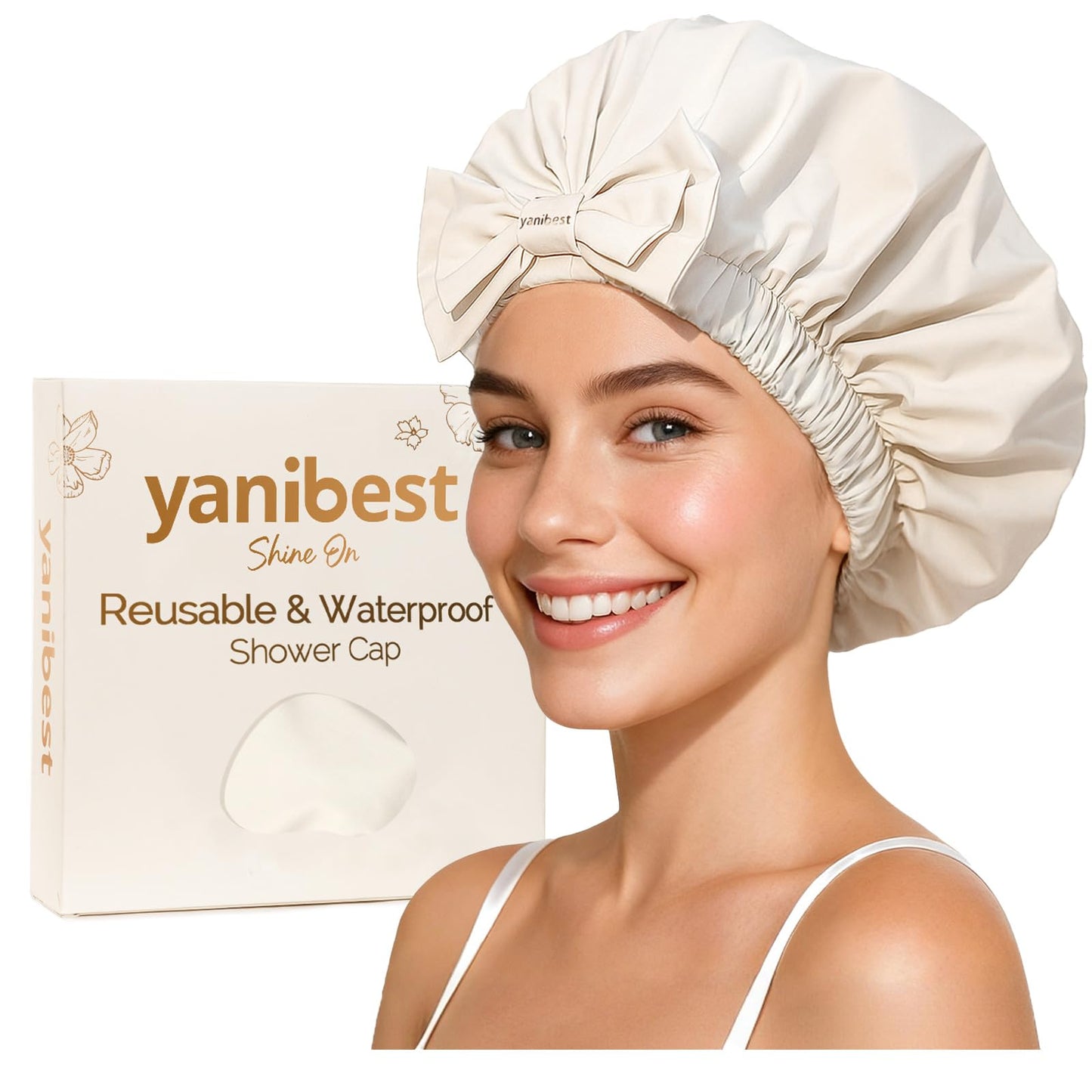 Yanibest Shower Cap Reusable Waterproof, Wide Elastic Band Bath Cap - Comfortable & Durable Bath Hair Hat for Women
