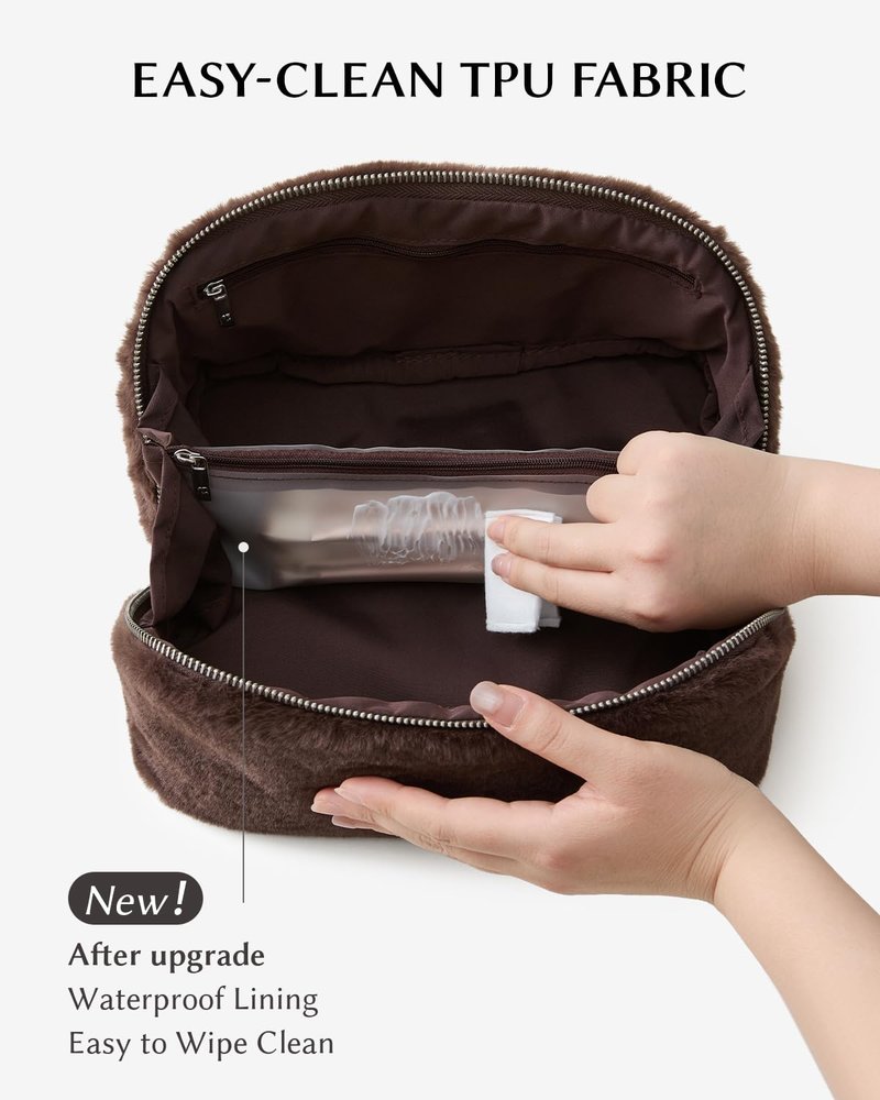 EACHY Travel Makeup Bag,Cute Faux Fur Cosmetic Bag for Women,Portable 180°Wide-Open Flat Make Up Bag,Large Capacity Makeup Pouch Make Up Organizer with Divider and Handle