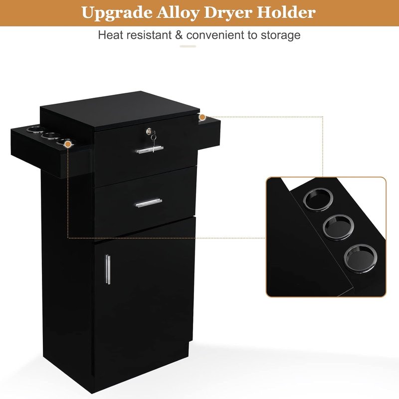 OmySalon Hair Stylist Salon Station - Large Storage Cabinet with 2 Drawers & 6 Hair Dryer Holders | Black