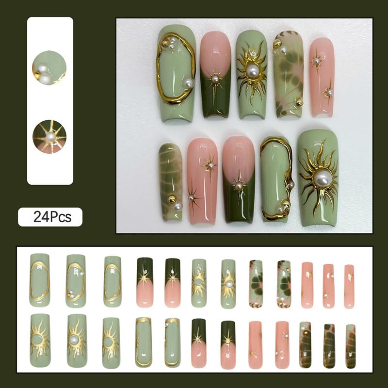 Green French Tip Press On Nails Long Coffin - Gilding Sunburst Fake Nails with Pearl & Gold Bead Accents, 24 Pcs Reusable Glossy Glue on Nails for Women Manicure Art Decorations
